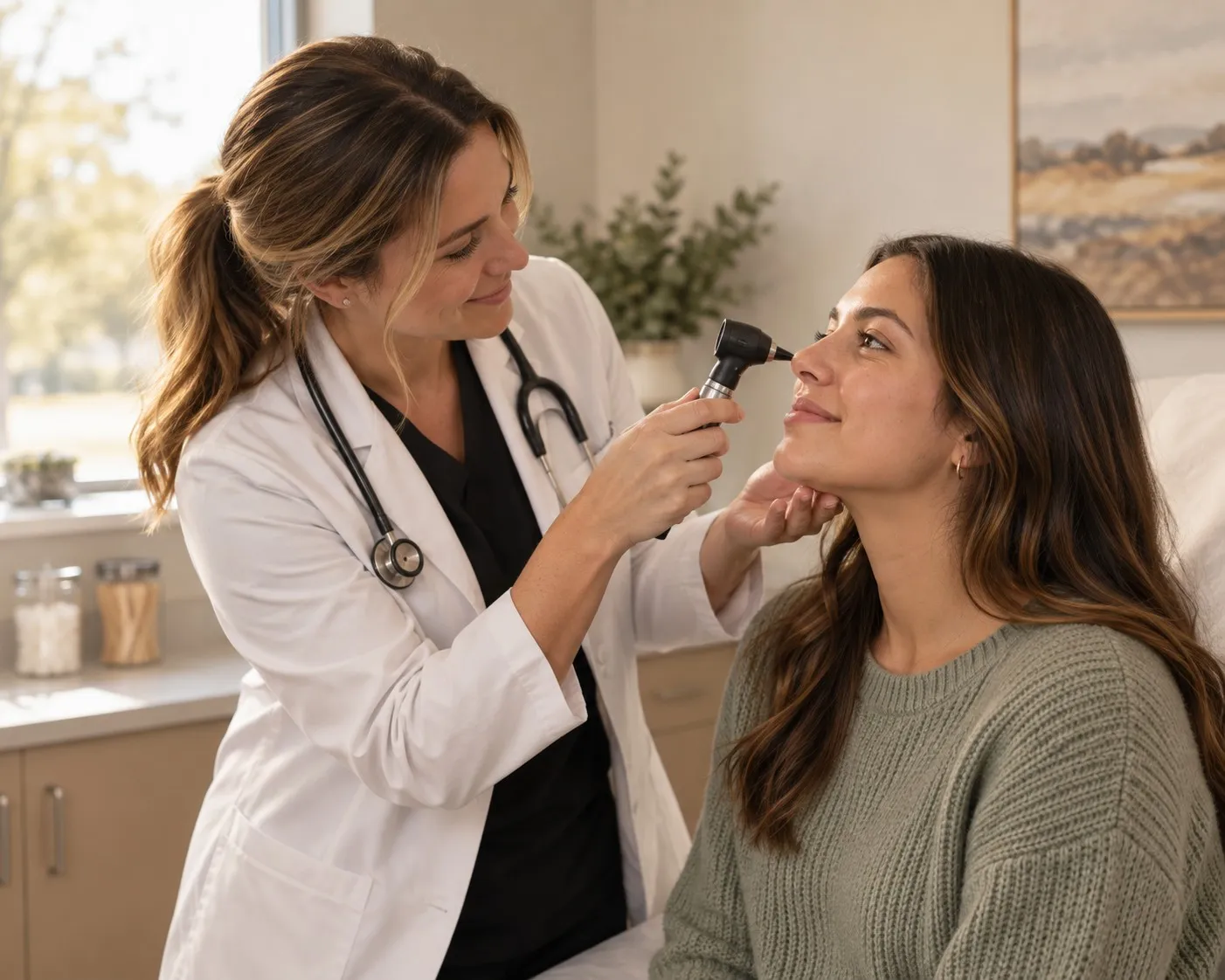 A physician gently examines a patient's nose and sinuses with a small light during an office visit