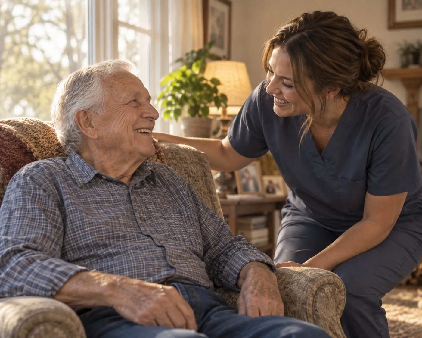 A smiling older man seated by a window while a caregiver leans in beside him