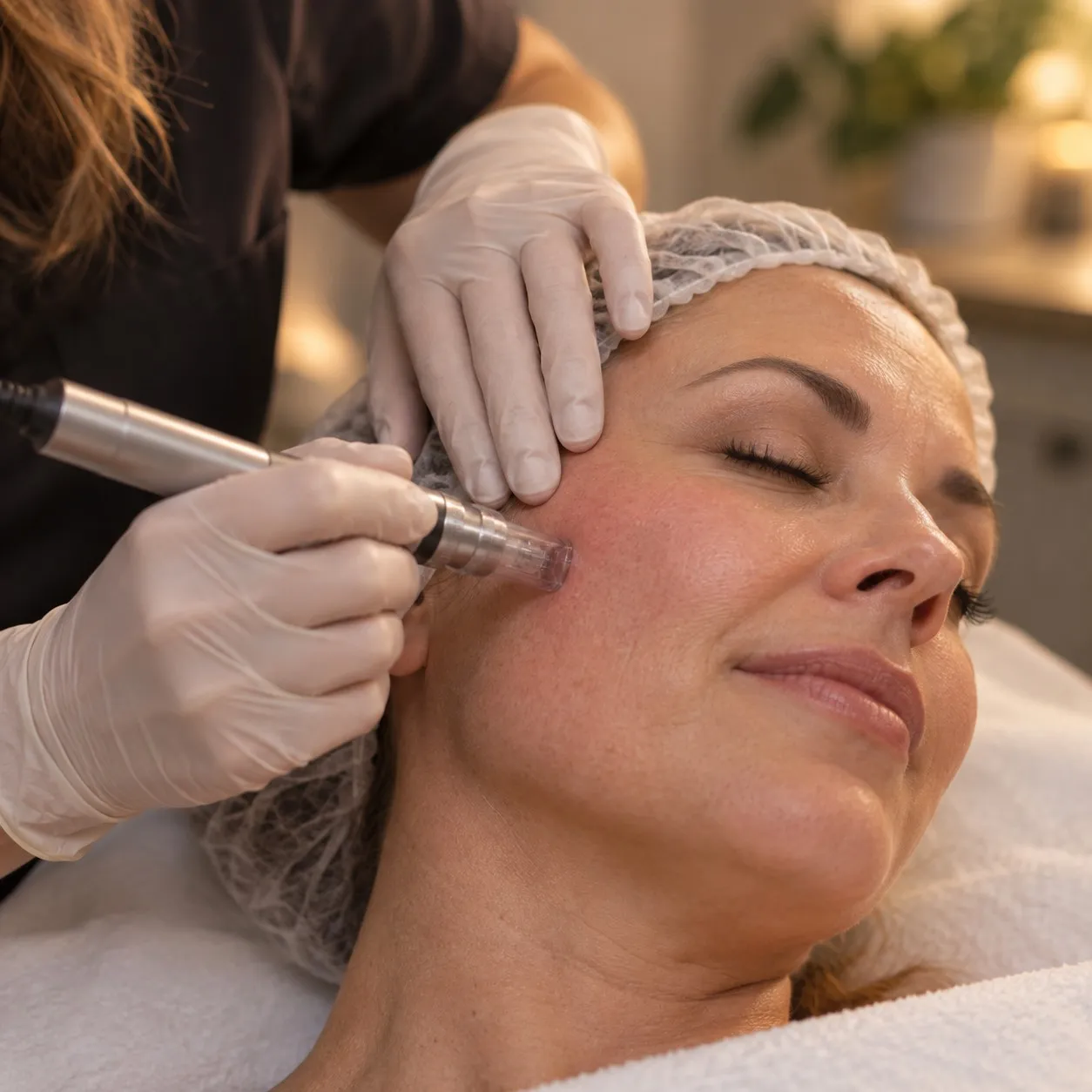 A practitioner in red gloves guides a micro-needling pen across the cheek of a woman lying back with her eyes closed and her hair covered by a cap