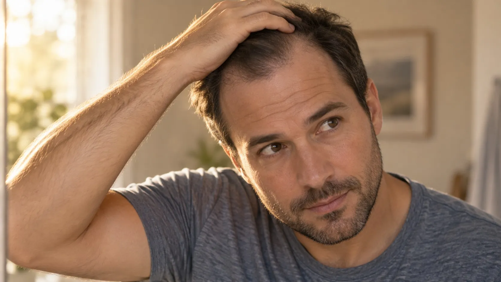 A man pushes his short dark hair back with one hand, exposing his hairline and scalp
