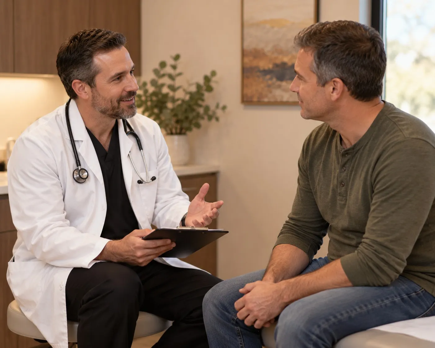 A physician sits with a male patient in a private exam room, talking through his care plan